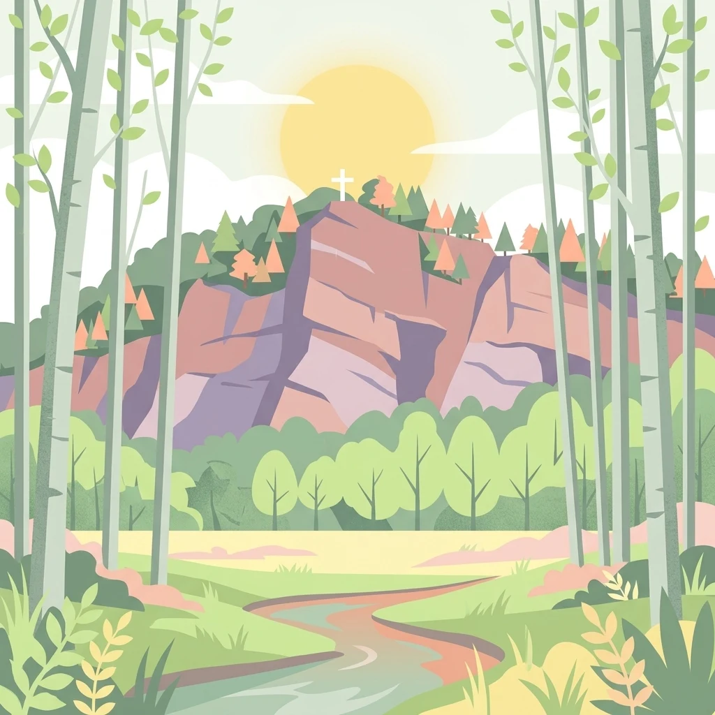 A digital illustration of a sun rising over a rocky hill with a cross on top, framed by foreground trees and a stream flowing through a grassy meadow.
