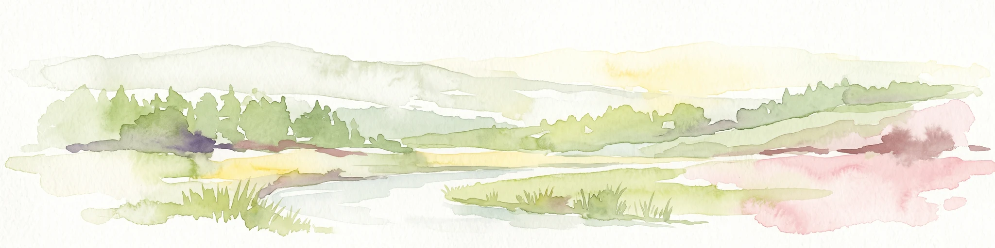 A horizontal watercolor painting depicting a gentle, light-filled landscape featuring soft green trees, rolling hills, and a small water feature.