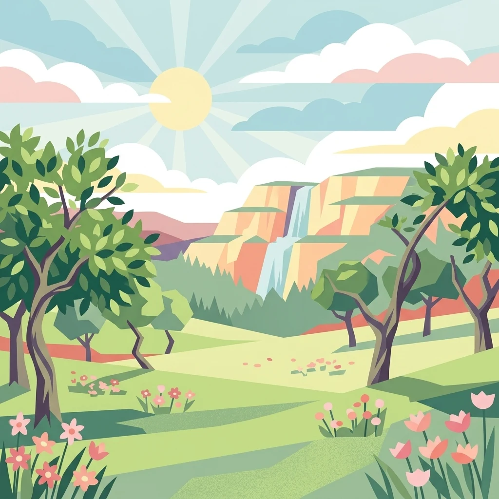 A colorful digital illustration of a scenic valley with a sun in the sky, green trees, patches of wildflowers in the foreground, and a distant waterfall cascading down a cliff face.