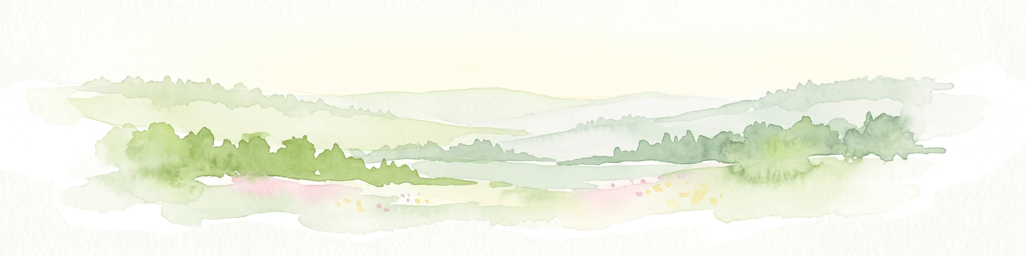 A soft watercolor painting of layered green hills and forest under a pale sky, with a faded white background.