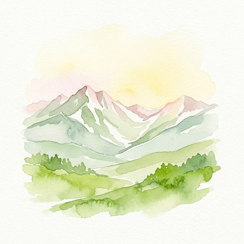 Watercolor illustration of mountain peaks with snow patches, green valleys, and a gradient sky