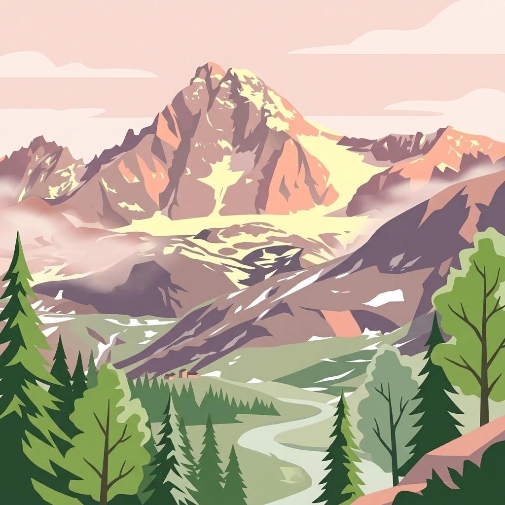 Stylized illustration of a mountain range with glaciers, a winding river, and coniferous forest