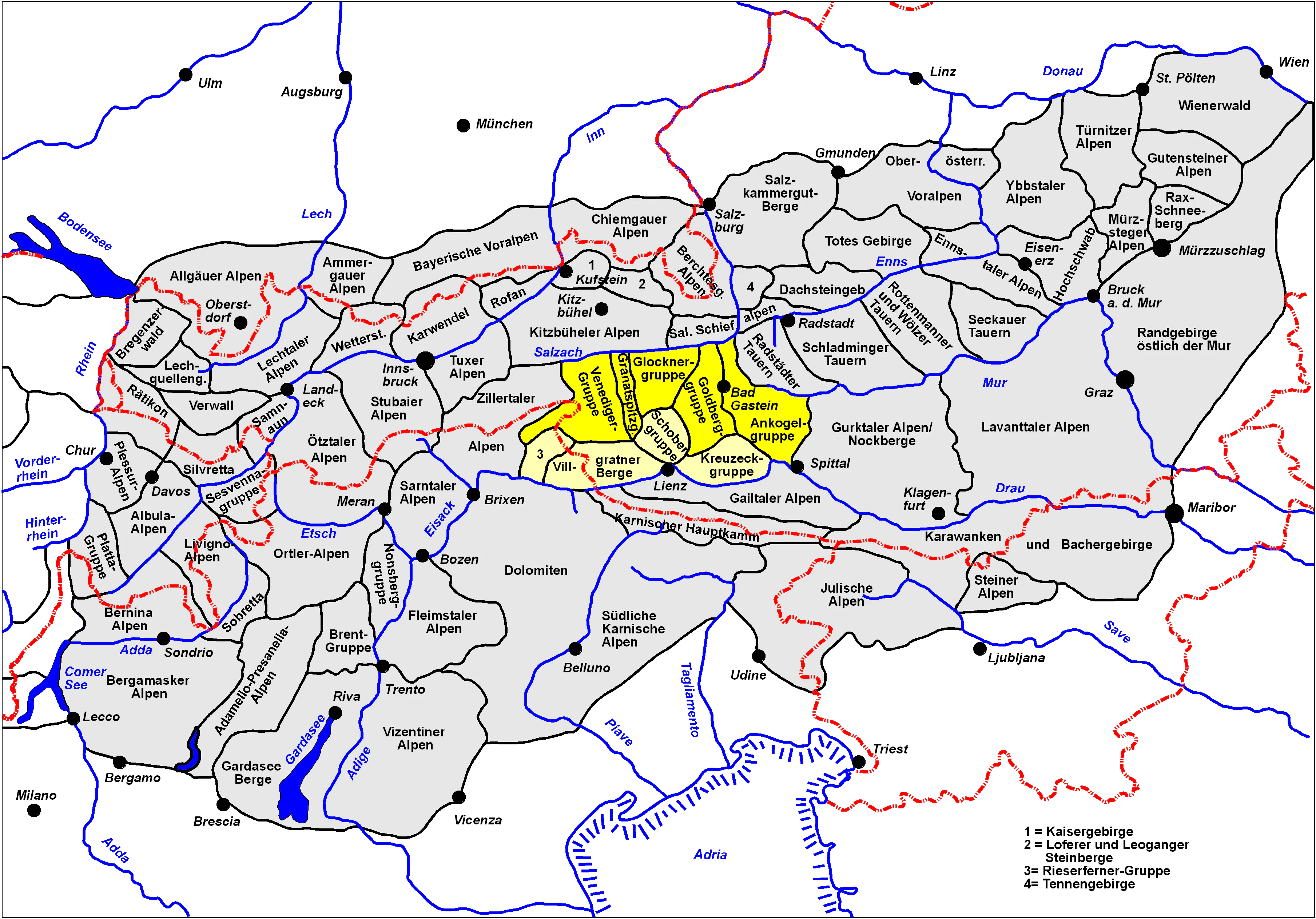 Map of Hohe Tauern National Park with labeled regions, colored boundary lines, and highlighted central area