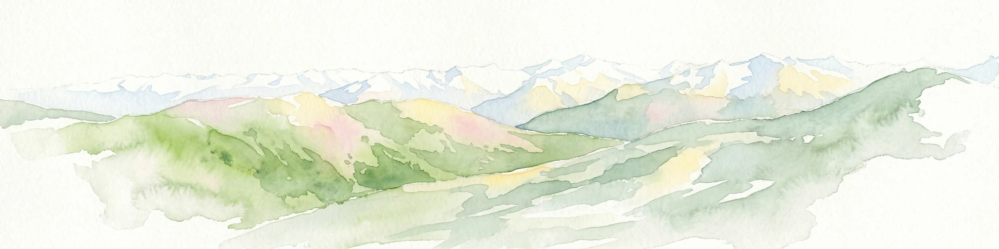Watercolor painting showing mountain ranges with green, yellow, and pink hues, depicting layered peaks and cloud formations