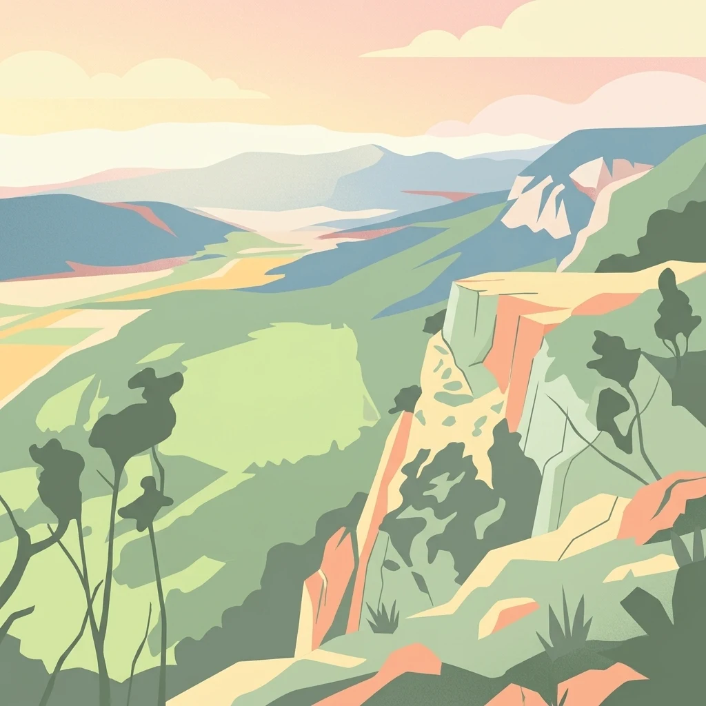 A stylized digital illustration of a mountainous landscape at sunset, featuring prominent steep limestone cliffs in the foreground and a vast valley extending into the distance under a warm-toned sky.