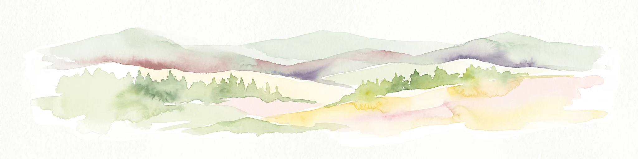 A watercolor painting showing a stylized landscape with gentle, rolling hills in soft green, yellow, and purple tones, with simple evergreen trees in the midground.