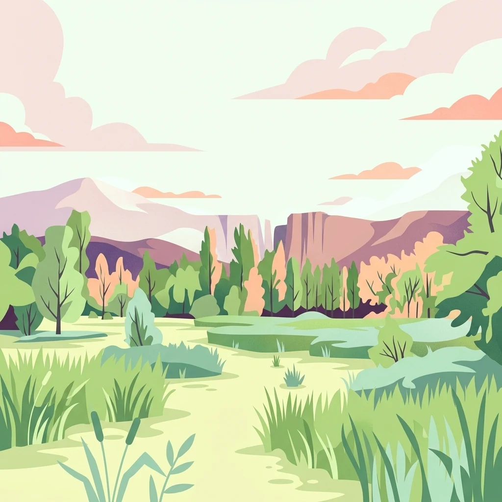 A flat-style digital illustration depicting a calm wetland landscape with tall grasses, trees in the midground, and purple-hued hills under a pastel sky.