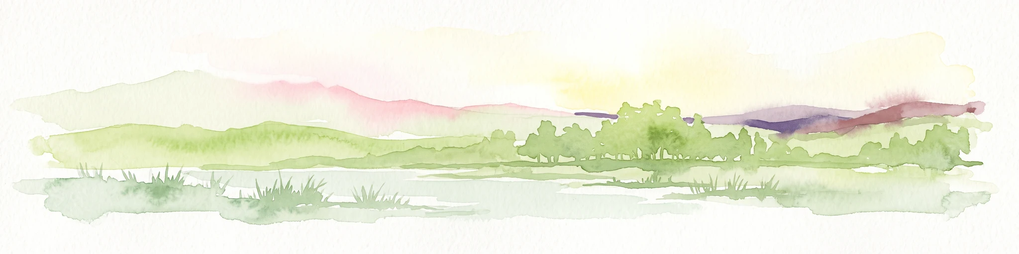 A horizontal watercolor illustration depicting a tranquil wetland landscape with soft green reeds in the foreground, trees in the midground, and purple hills in the distance.