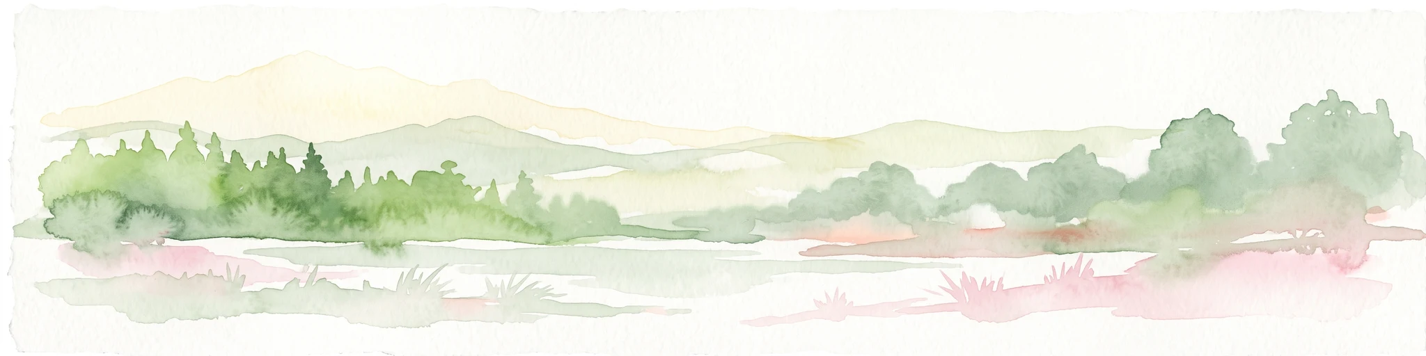 A pale, minimalist watercolor painting showing a soft-focus landscape with green trees in the foreground, rolling hills in the background, and hints of pink in the foreground foliage.