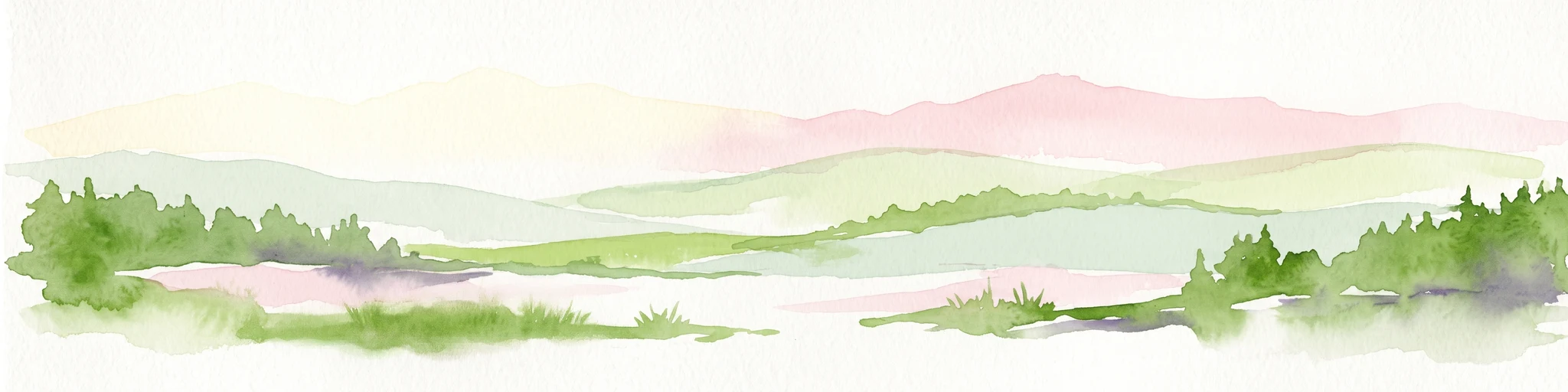 A wide watercolor-style illustration of a soft landscape featuring rolling green hills, scattered forest patches, and pale pink mountains in the background with a light sky.