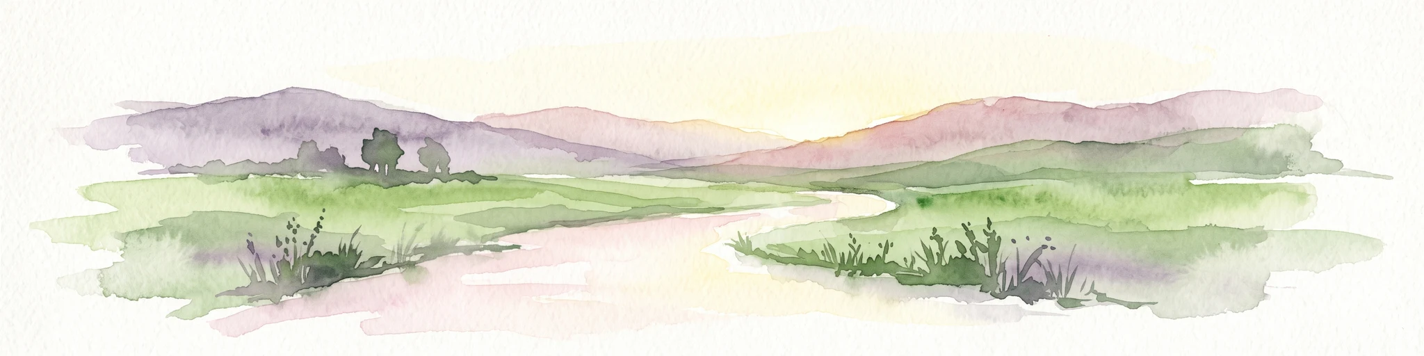 Una suave ilustración de acuarela pictórica que representa un río serpenteante a través de una pradera verde plana con colinas onduladas al fondo.