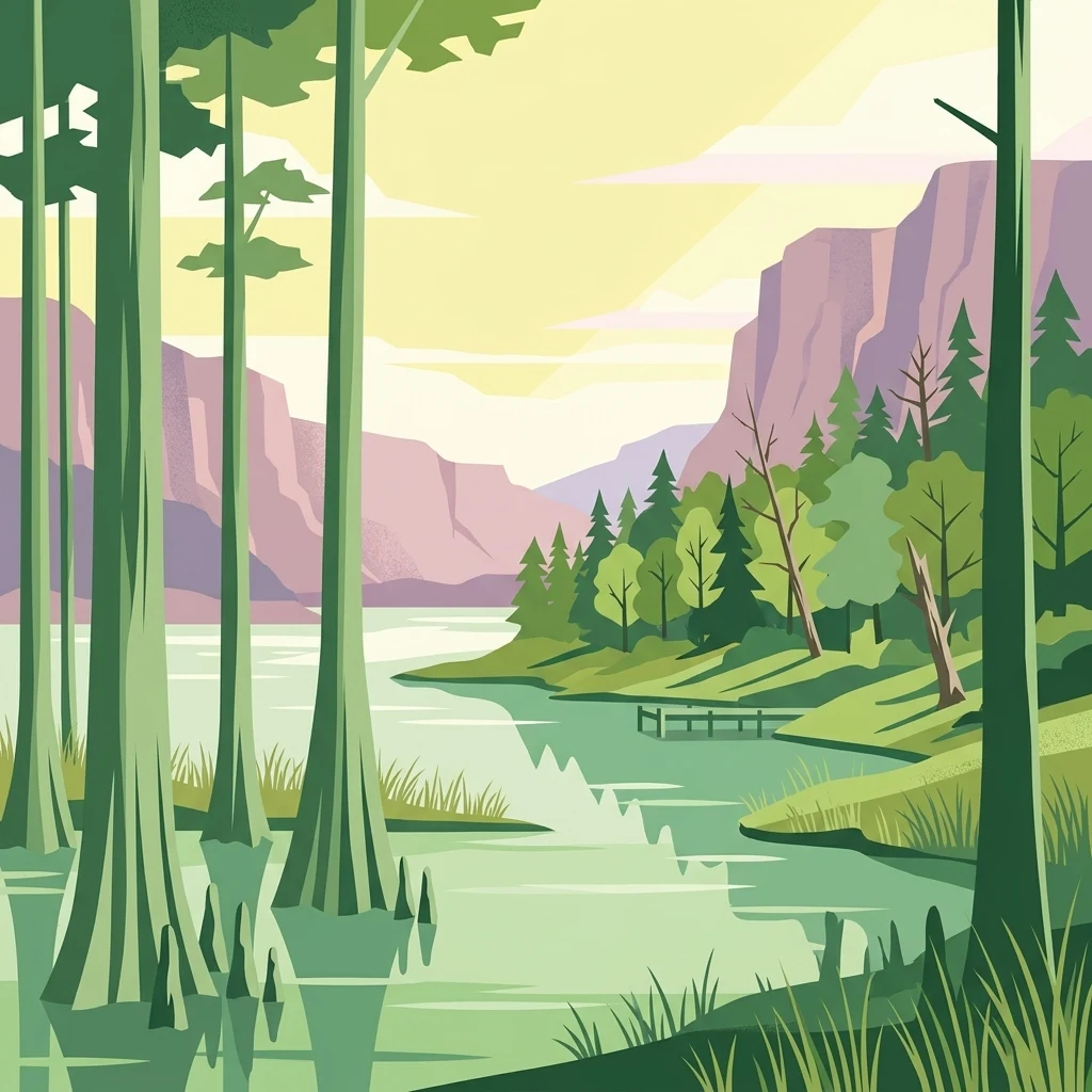 A stylized vector illustration of a forested lake scene with tall trees, cypress-like knees, and rocky cliffs in the distance under a pale sky.