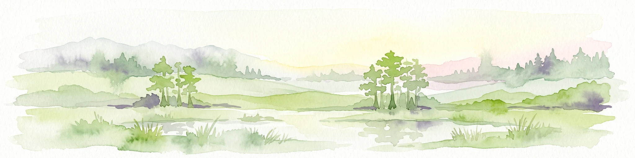 Watercolor painting of a green landscape featuring rolling hills, small clusters of trees, and a calm water feature in the foreground.