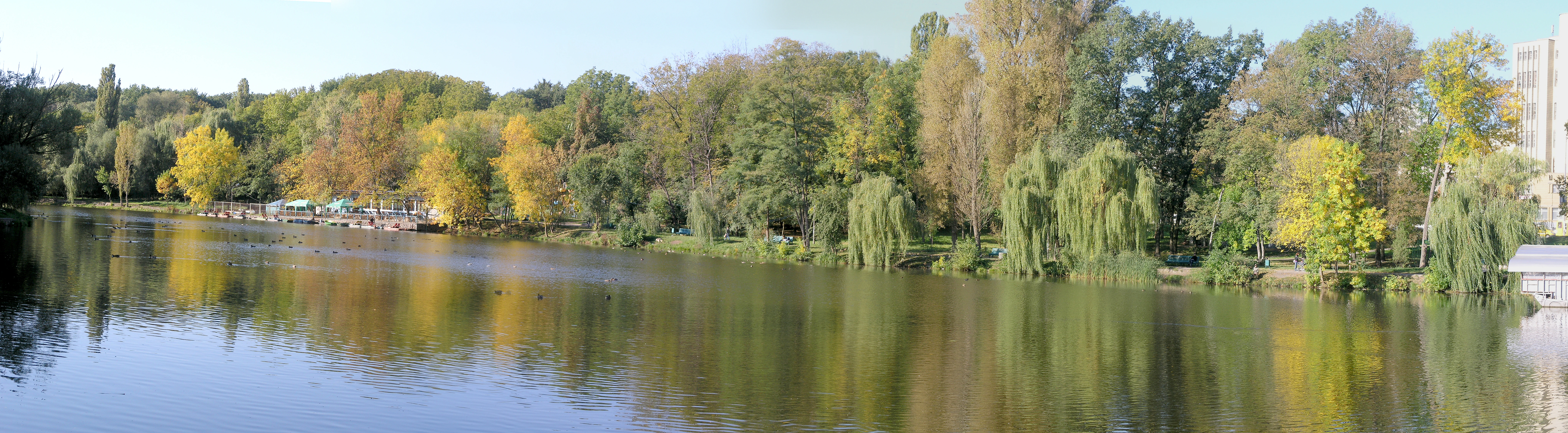 A panoramic view of a calm lake reflecting autumn-colored trees and a forested shoreline