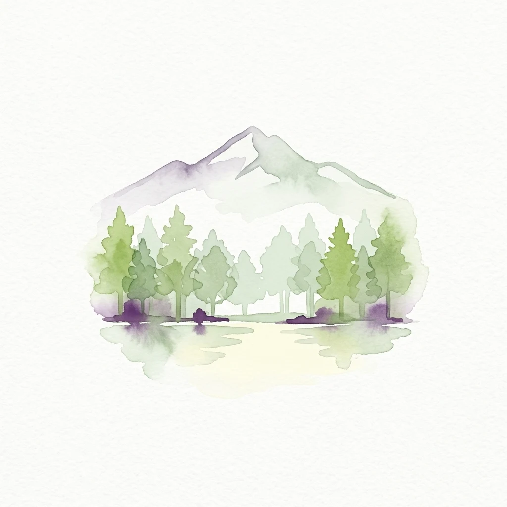 Watercolor illustration showing a mountain with green trees and a reflection in water