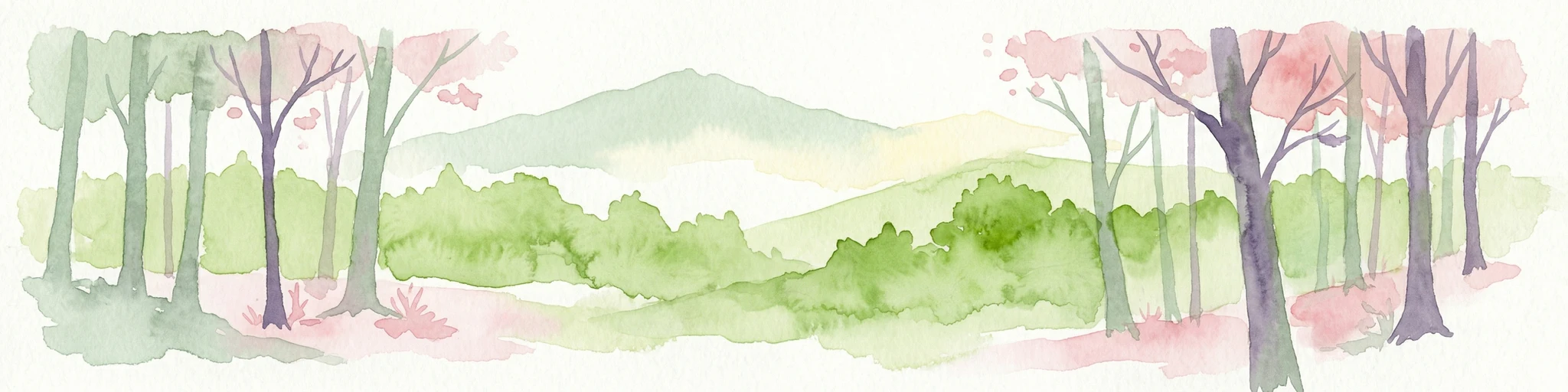 Ilustración de acuarela que muestra árboles altos, follaje verde y montañas distantes bajo un cielo suave