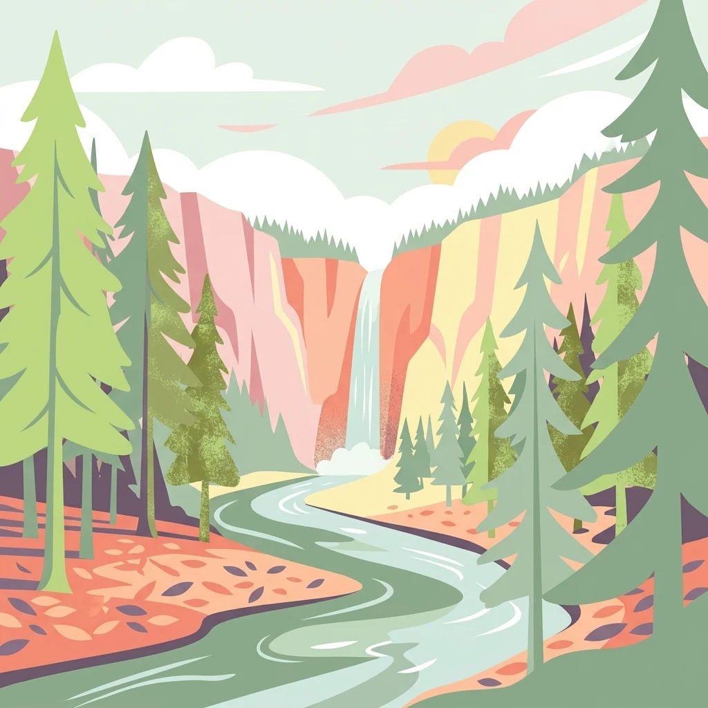 Stylized digital illustration showing a meandering river flowing through a forest towards a distant waterfall between rocky cliffs.