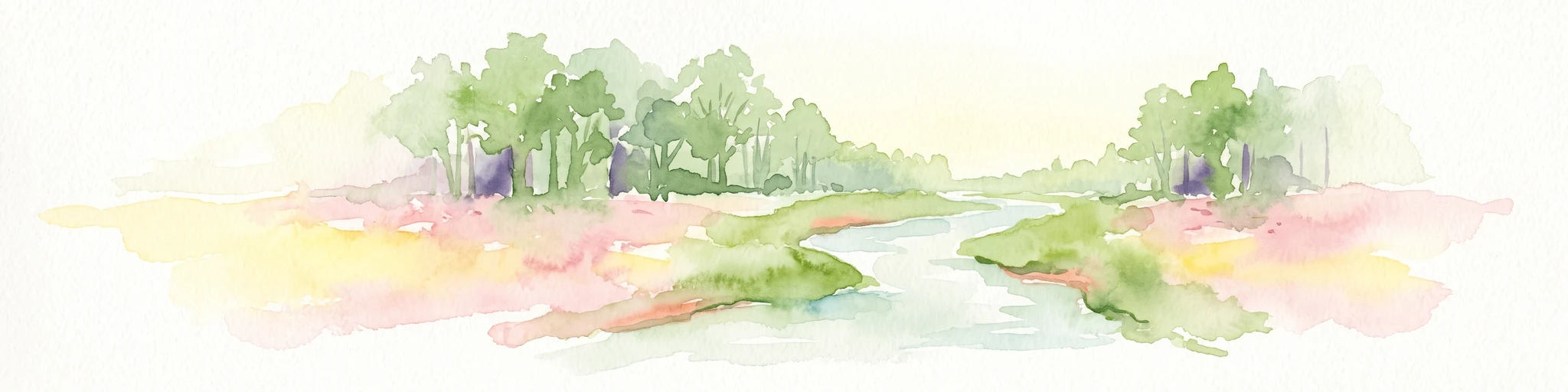 A horizontal watercolor painting showing a small winding river flowing through a lush green forest with soft pink and yellow meadow areas in the foreground.