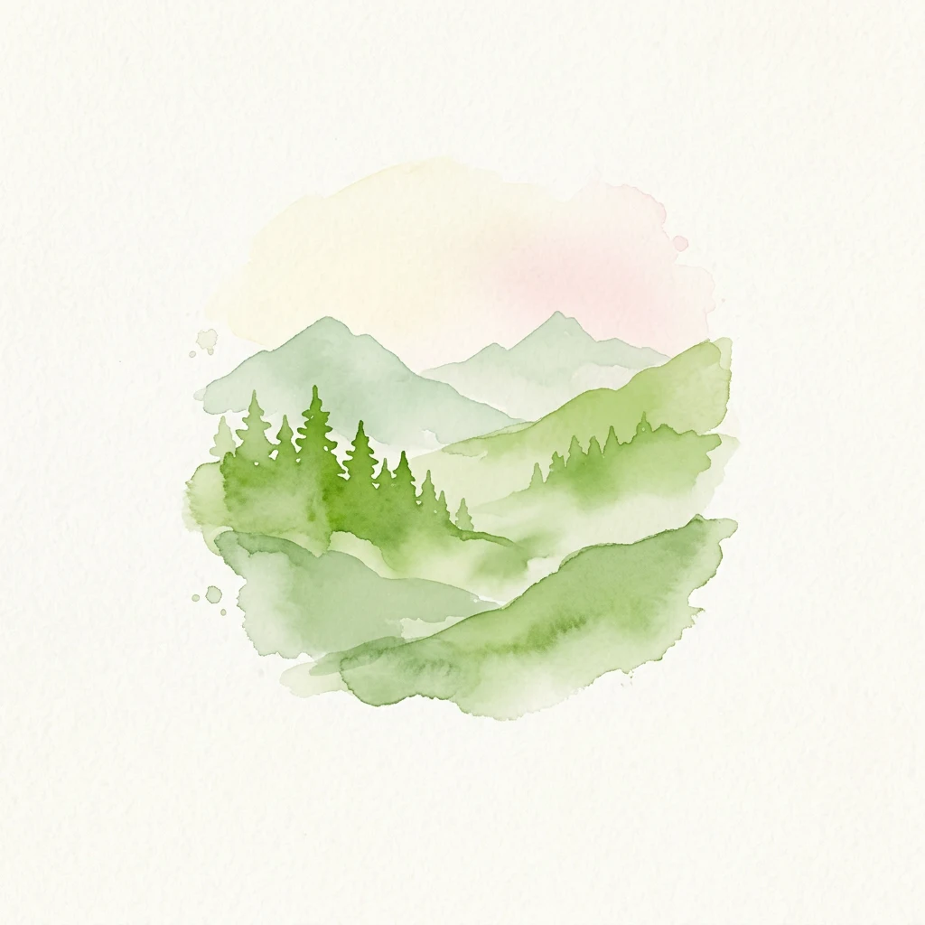 Watercolor painting showing green hills, pine trees, and a soft pink sky