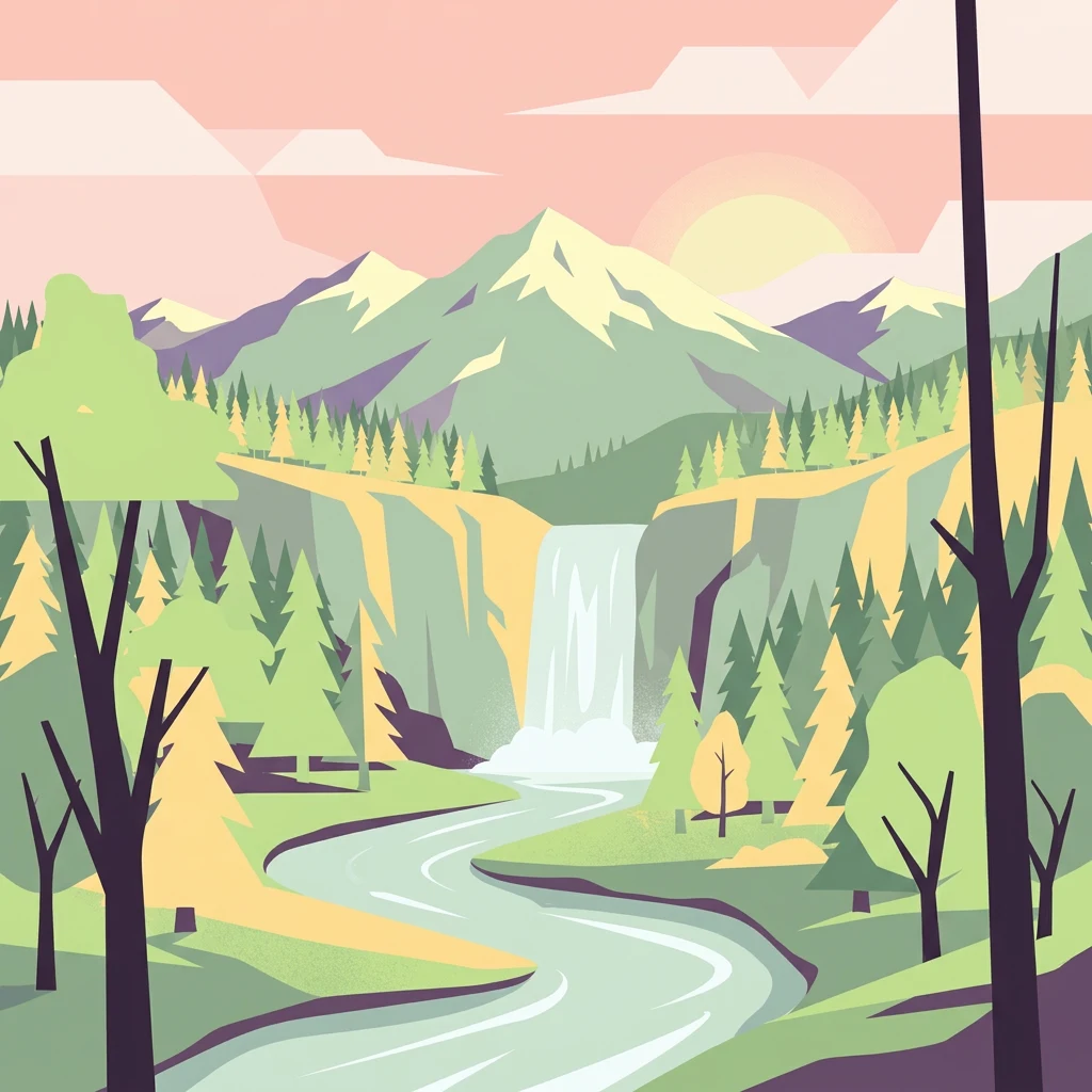 Stylized illustration of a river flowing through a mountainous landscape with trees, a waterfall, and distant peaks under a pink sky