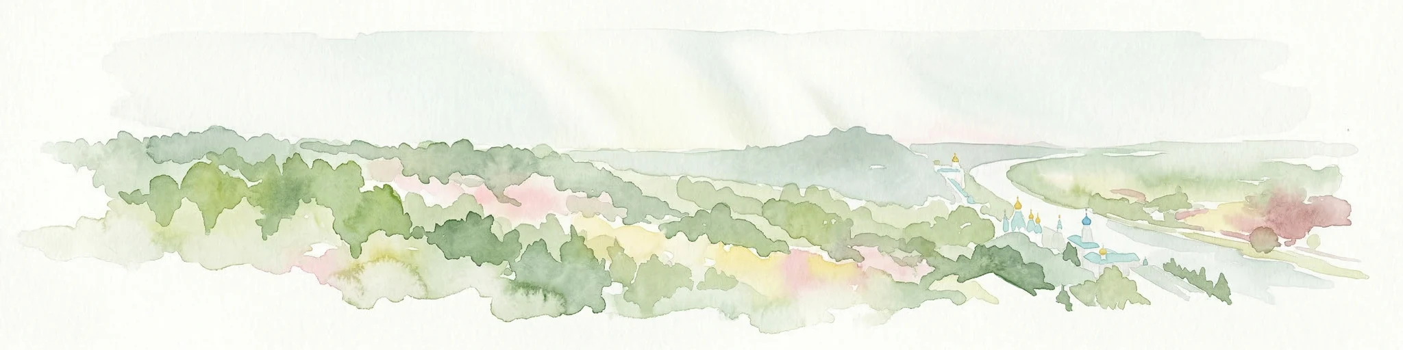 Ilustración de acuarela que muestra un río serpenteando a través de un valle boscoso con colinas onduladas y montañas distantes bajo un cielo claro
