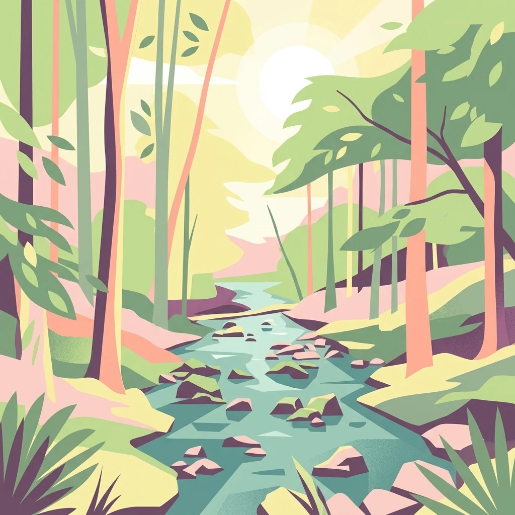 A vector-style illustration of a rocky stream flowing through a lush forest with soft sunlight filtering through the trees.
