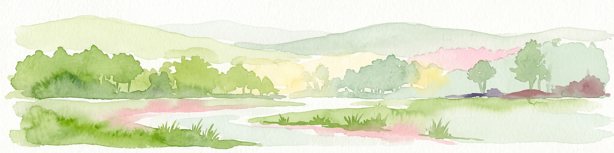 Ilustración en acuarela de un arroyo serpenteante que fluye por un valle verde y frondoso con colinas onduladas al fondo.