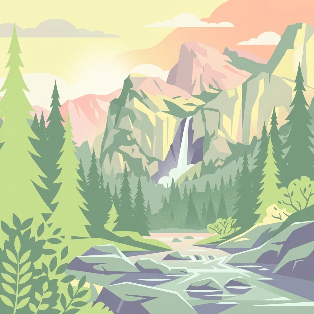 Stylized vector illustration of a forest surrounding a river leading to a mountain range with a visible waterfall.