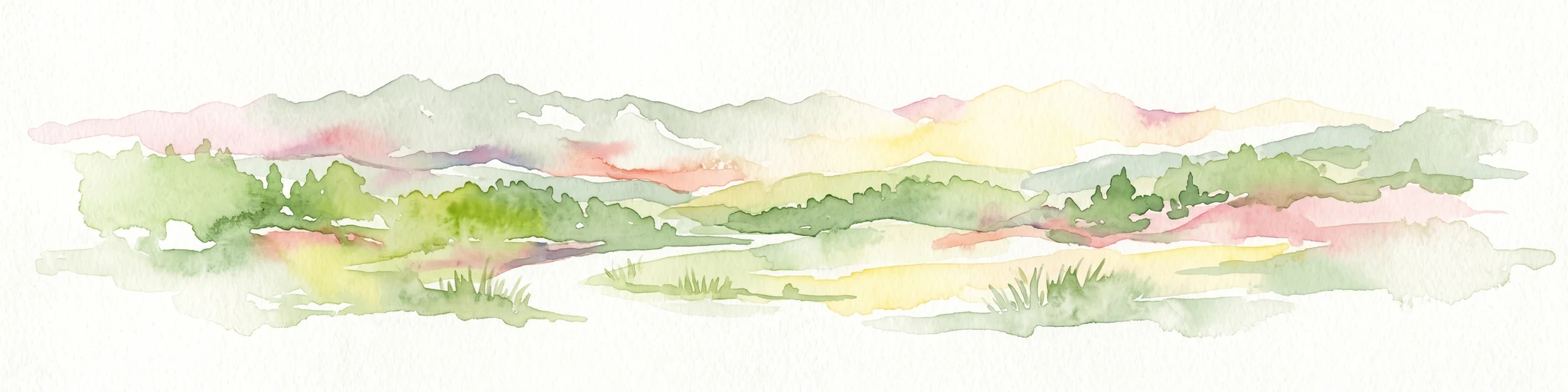 A pale, soft-toned watercolor painting of a rolling landscape with green fields, forested areas, and a small winding stream under a light sky.