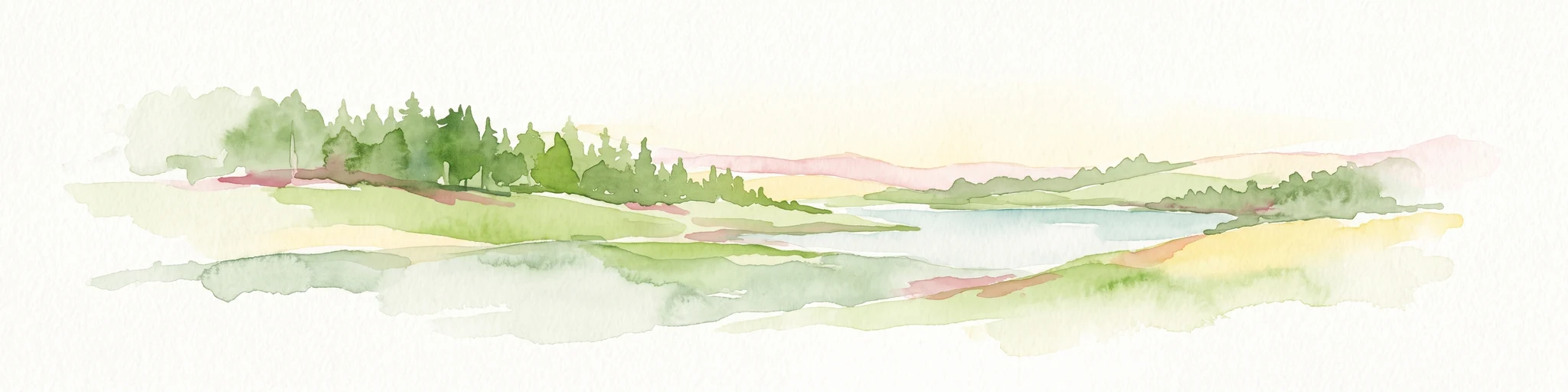 A soft, painterly watercolor illustration depicting a calm lake framed by evergreen trees and rolling green hills.