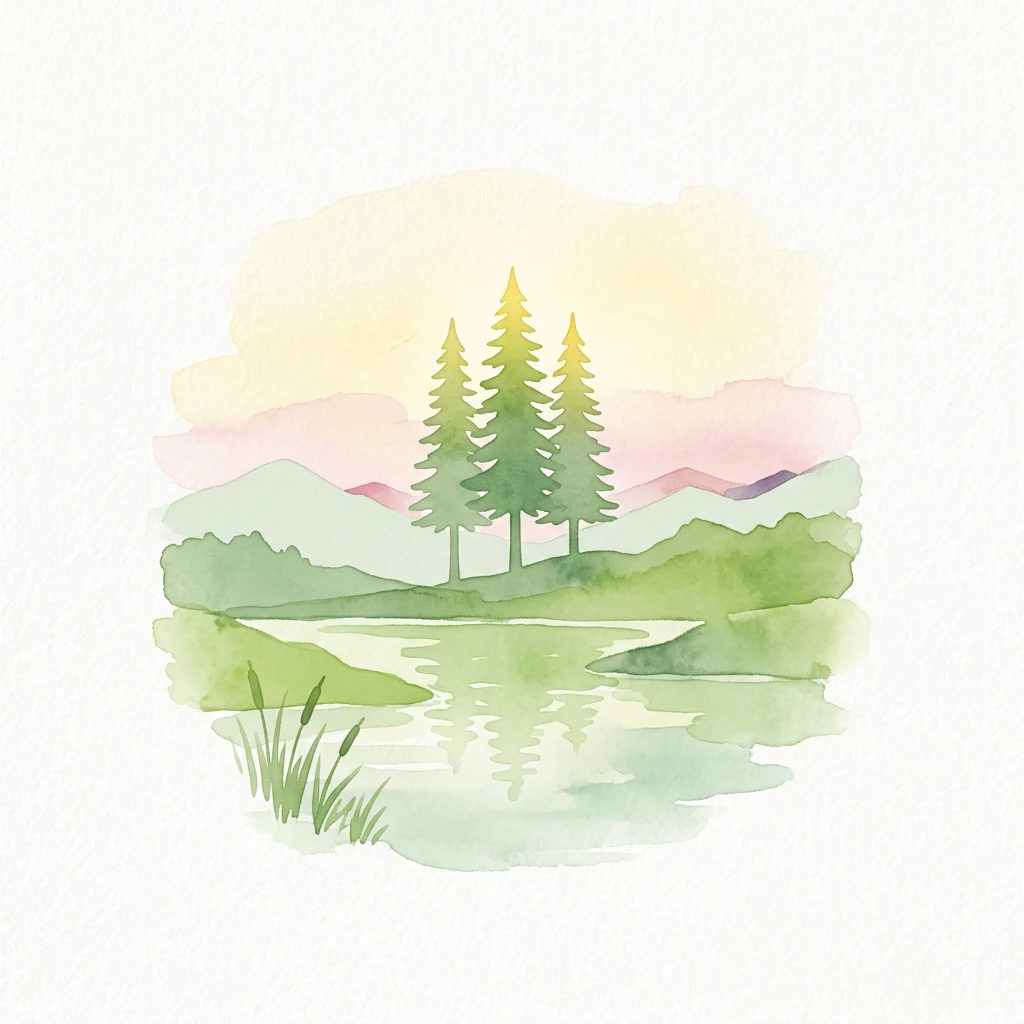 Ilustración en acuarela de un lago con pinos, montañas y cielo al atardecer