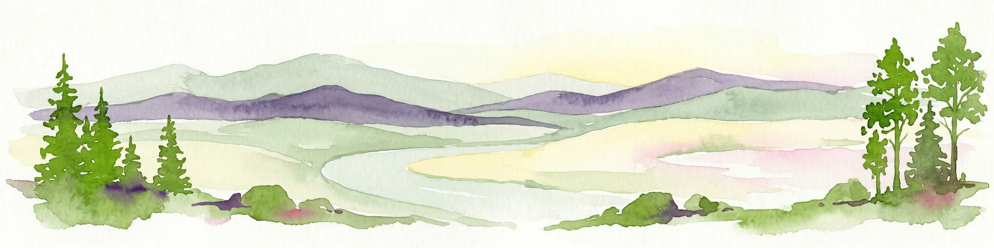 Ilustración en acuarela que muestra un valle con un río sinuoso, árboles verdes y montañas púrpuras distantes bajo un cielo claro