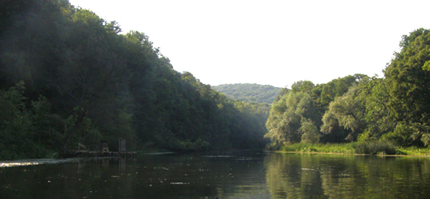 A calm river reflecting dense green forest and distant hills under a bright sky