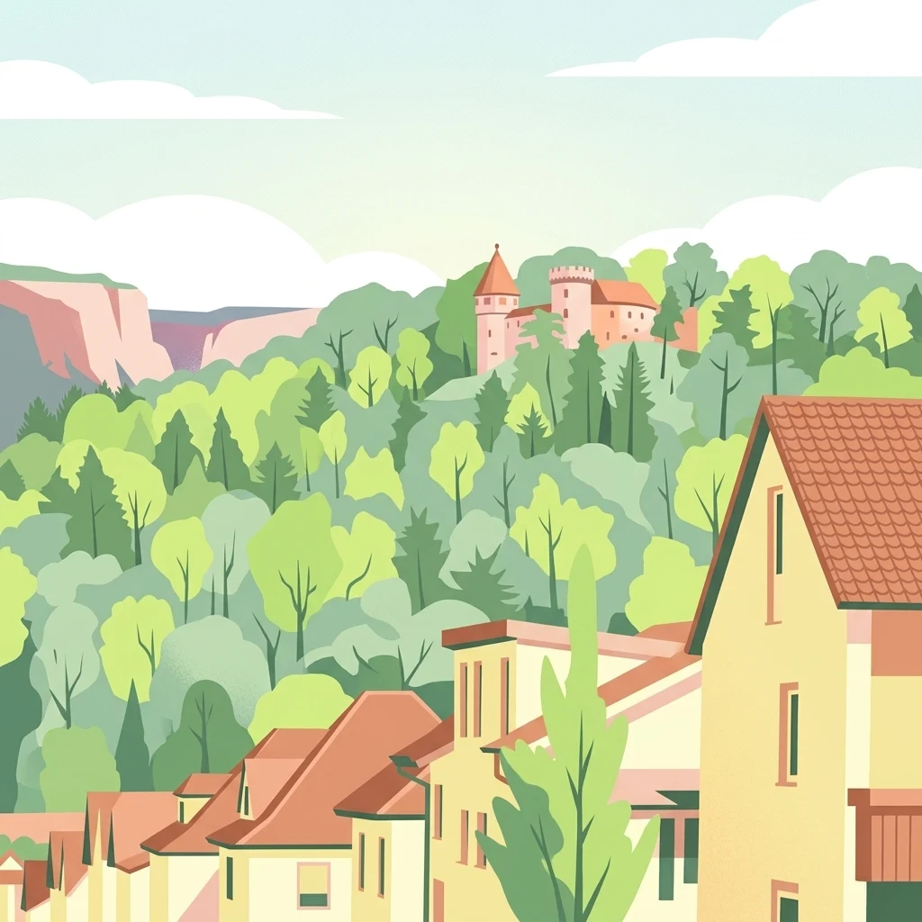 A stylized digital illustration showing yellow houses with red roofs in the foreground, with dense green forest and a stone castle tower in the background under a pale sky.