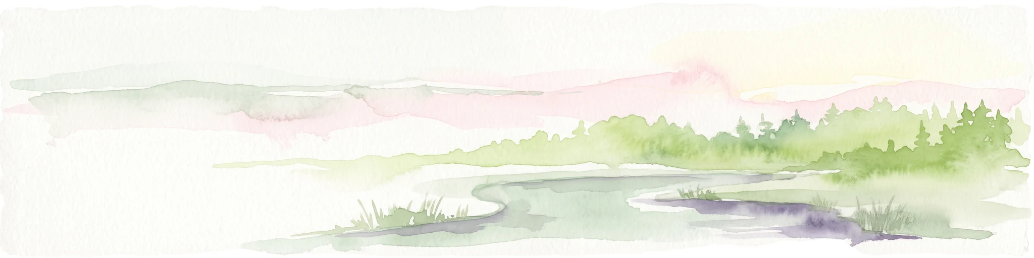 Watercolor painting depicting a gentle hill with forest cover and a winding river in the foreground, using soft pastel tones.