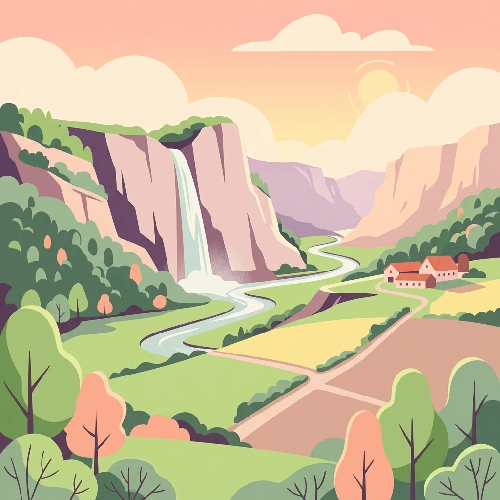 Una colorida ilustración vectorial de un valle que muestra altos acantilados con una cascada a la izquierda, un río sinuoso, campos verdes y marrones, y un pequeño grupo de casas a la derecha, rodeado de árboles bajo un cielo de tonos pastel.