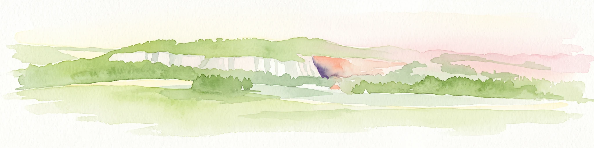 A watercolor illustration depicting a wide valley with green hills, white limestone rock formations, and a small reddish cave entrance.
