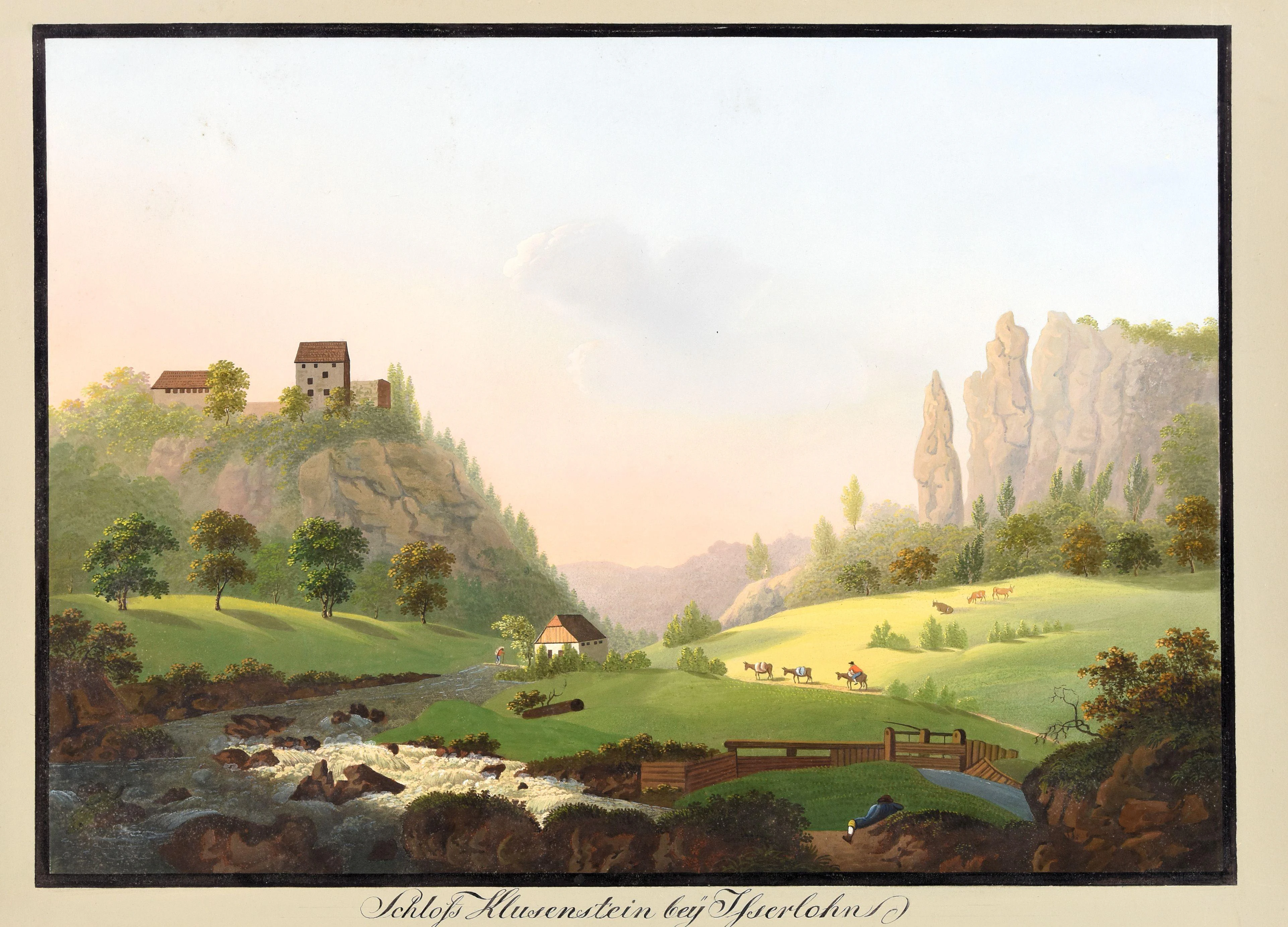 Pintura de paisaje histórica de alrededor de 1810 que representa el castillo Schloss Klusenstein sobre una colina rocosa, un río que fluye a través de un valle verde, formaciones rocosas de piedra caliza a la derecha, animales pastando en prados y una figura sentada cerca del agua en primer plano