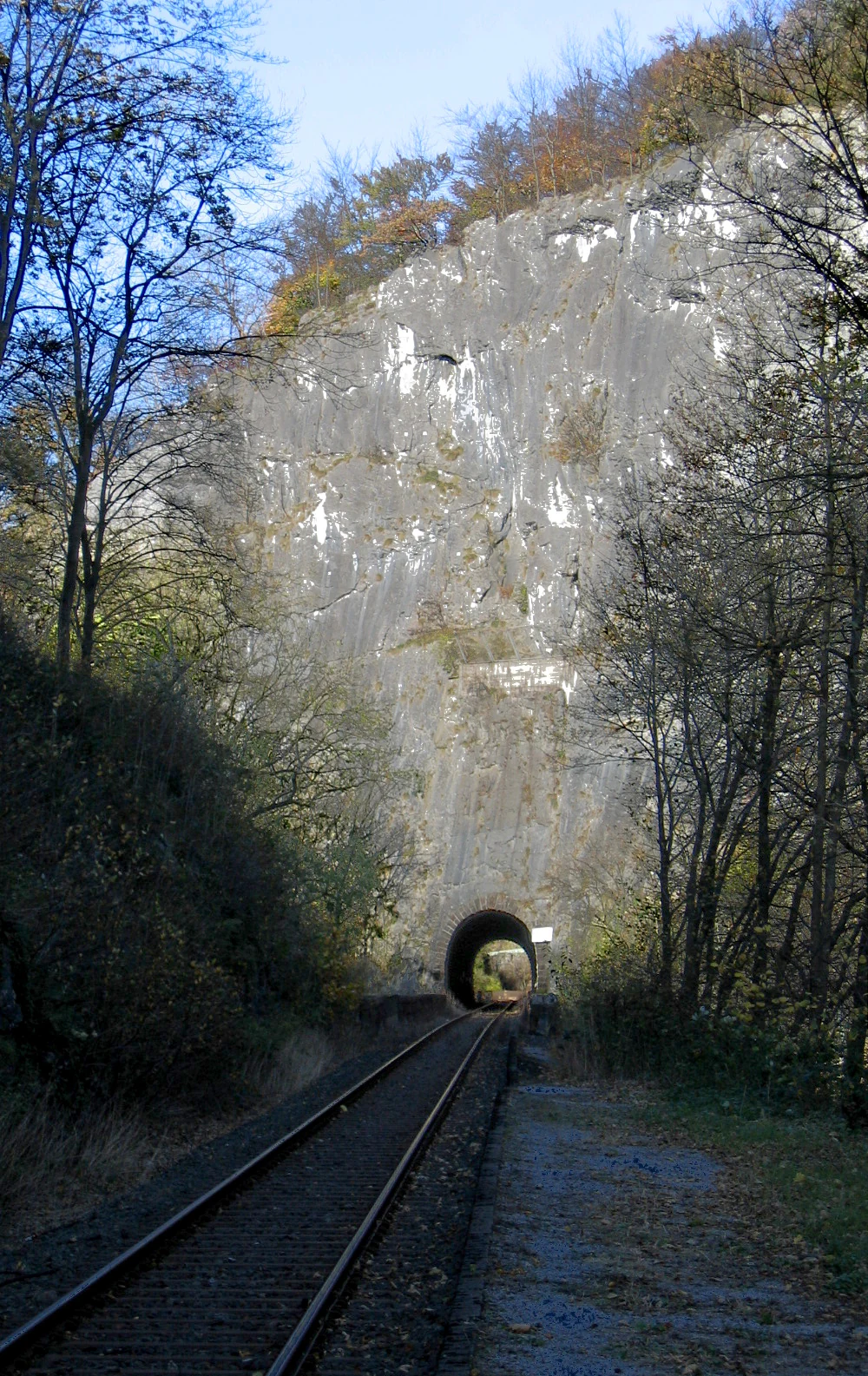 Vía férrea que conduce a la entrada de un túnel oscuro excavado en un alto acantilado de piedra caliza gris, con árboles desnudos y de colores otoñales a ambos lados bajo un cielo azul
