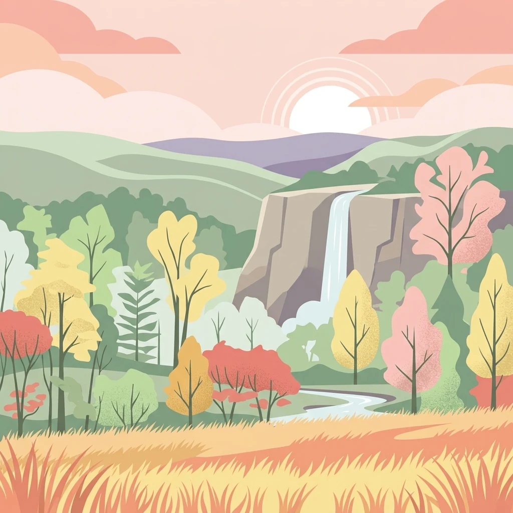 A flat-style digital illustration showing a tranquil landscape with a waterfall cascading over a cliff, surrounded by a lush forest in autumn hues of orange, yellow, and green, set against a background of rolling hills and a sunlit sky.