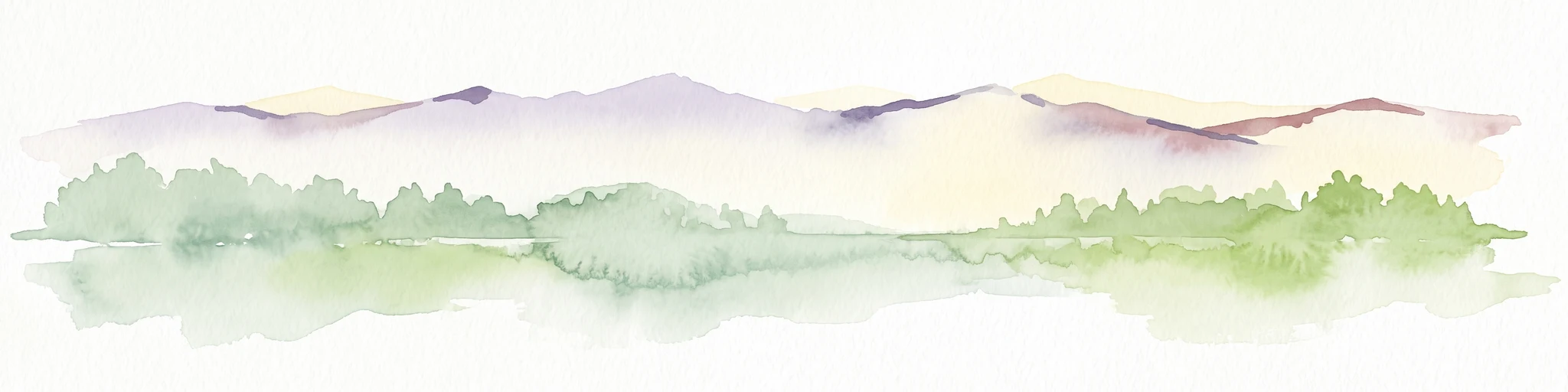 Watercolor painting of a soft, hazy forest landscape with rolling hills in the background and soft green trees in the foreground.