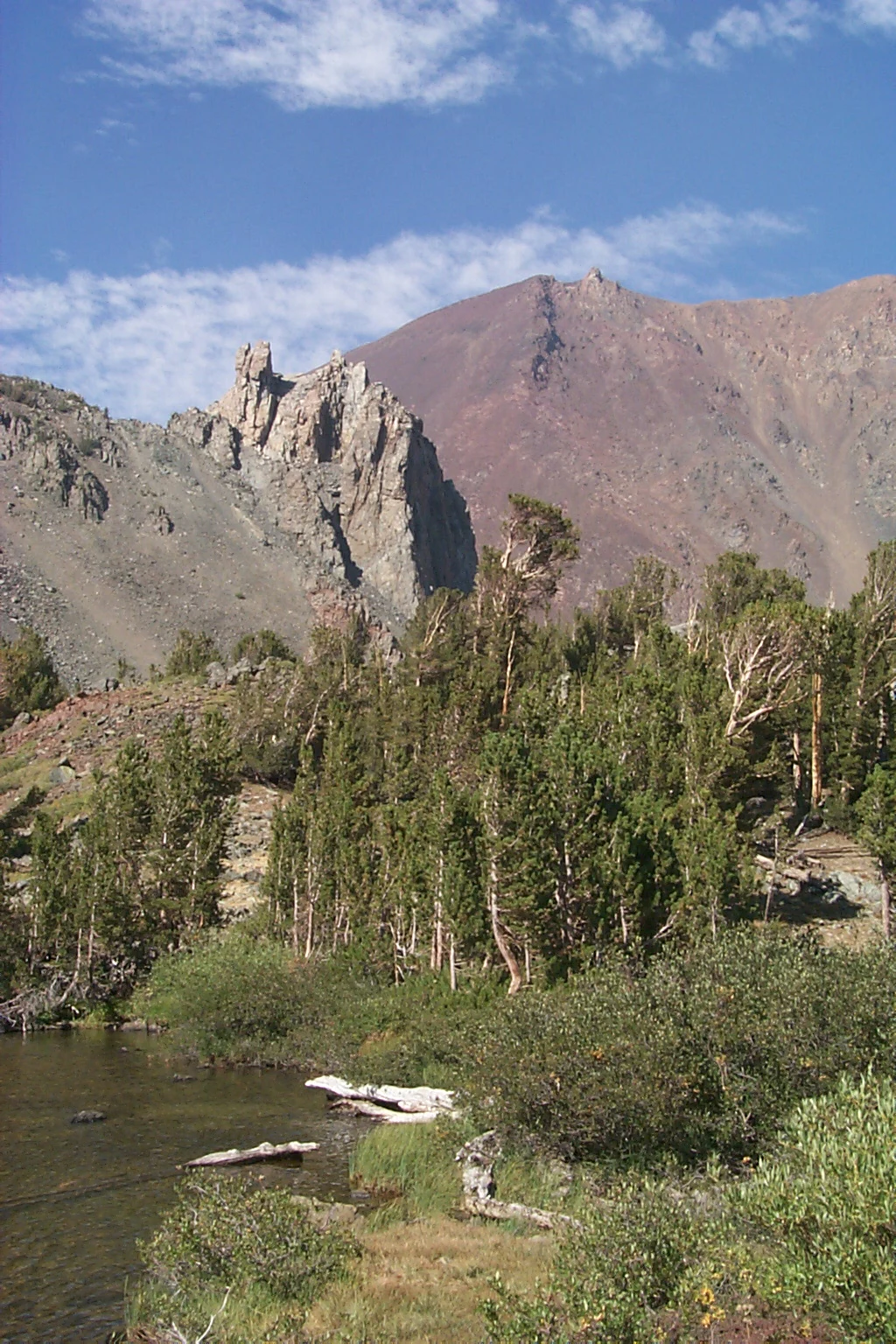 A mountain landscape showing a craggy peak rising above a green forest and a small body of water in the foreground.