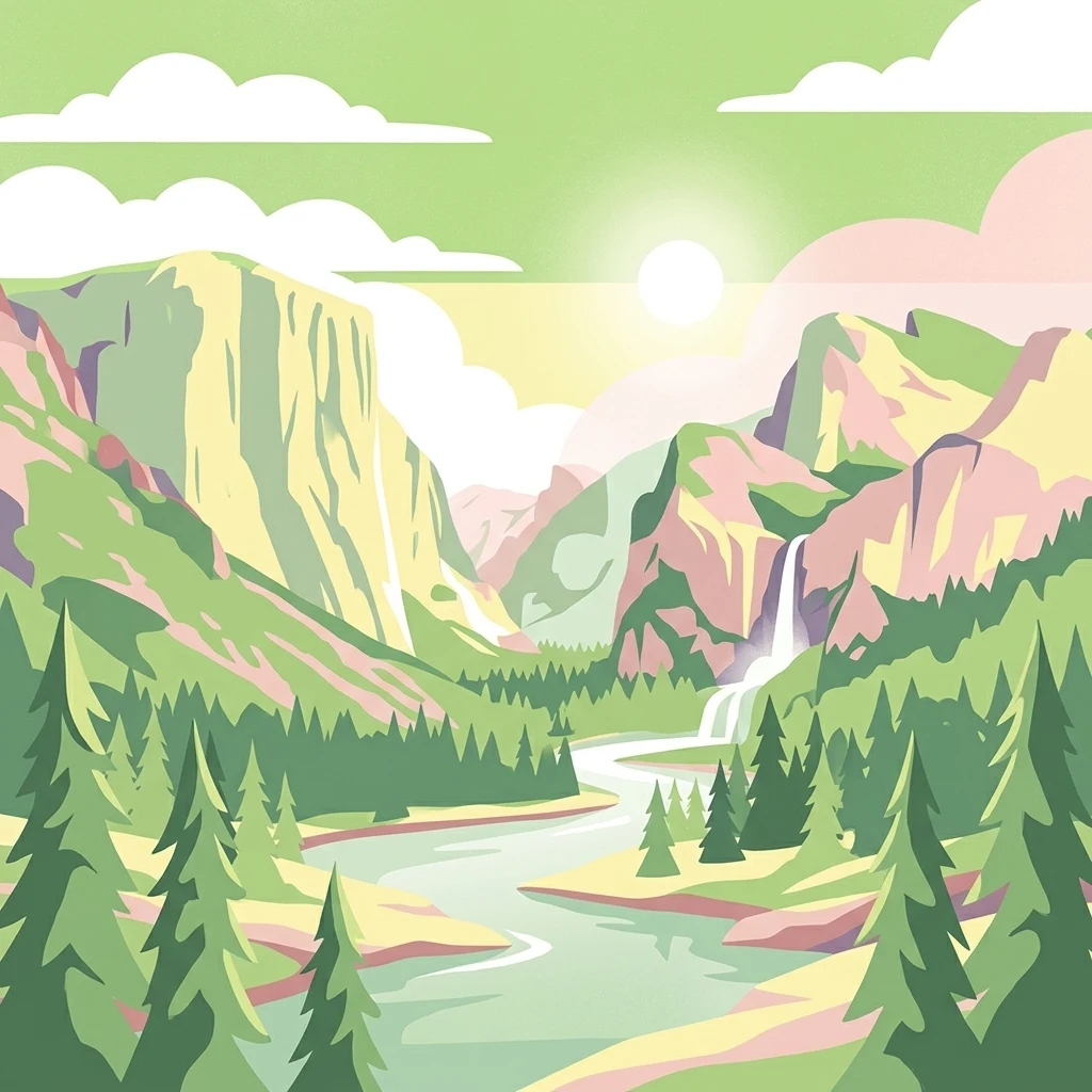A graphic illustration of a mountain valley featuring a winding river, evergreen forest, cliffs, and a waterfall under a bright sun.