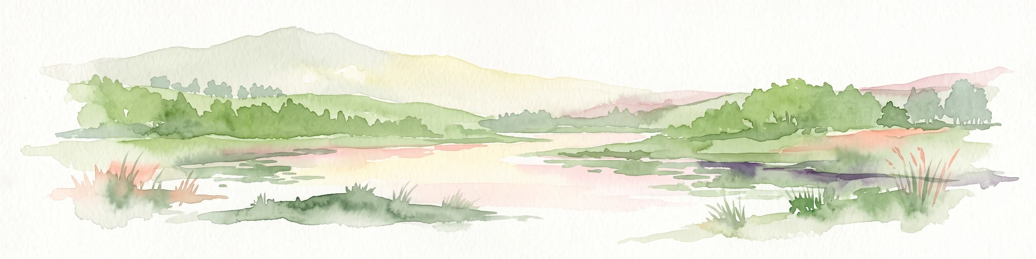 Watercolor painting of a tranquil wetland landscape with soft green vegetation and a calm water body, reflecting the floodplain environment of the Rhine river.