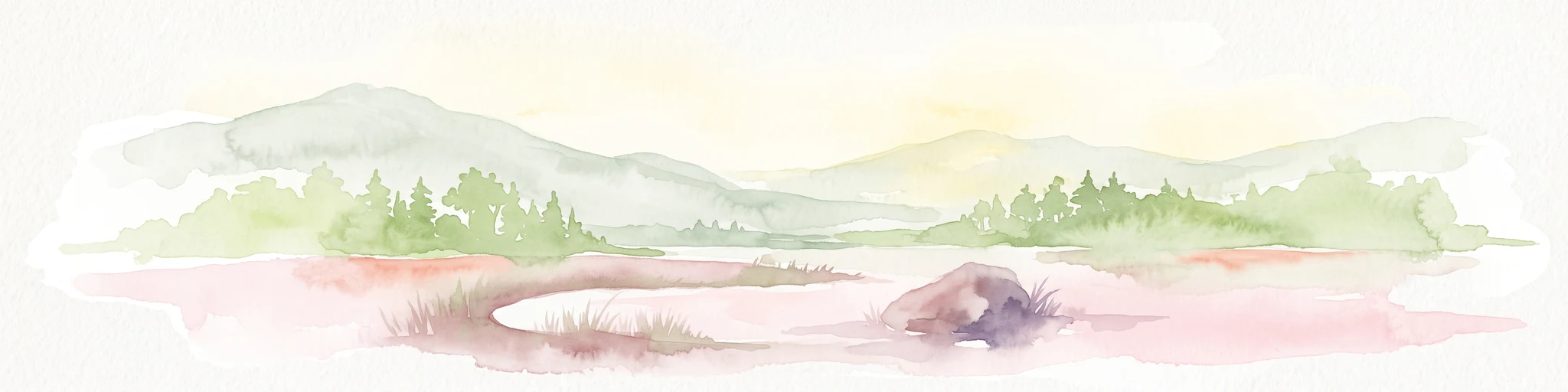 A watercolor painting showing a soft, panoramic landscape with rolling hills, a line of trees, and a small pond or marshy area in the foreground.