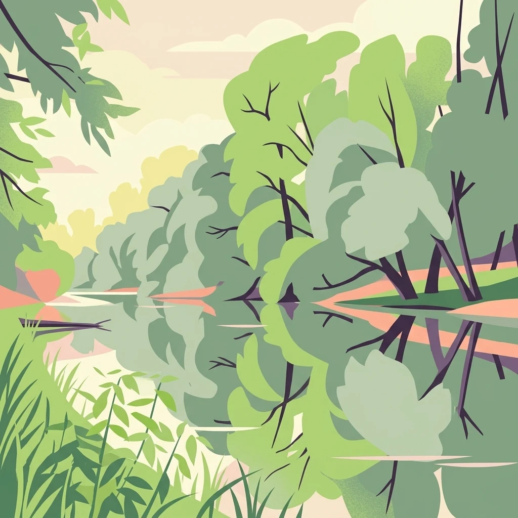 A flat-style vector illustration of a quiet river winding through a dense, green alluvial forest, with the trees reflected in the calm water.