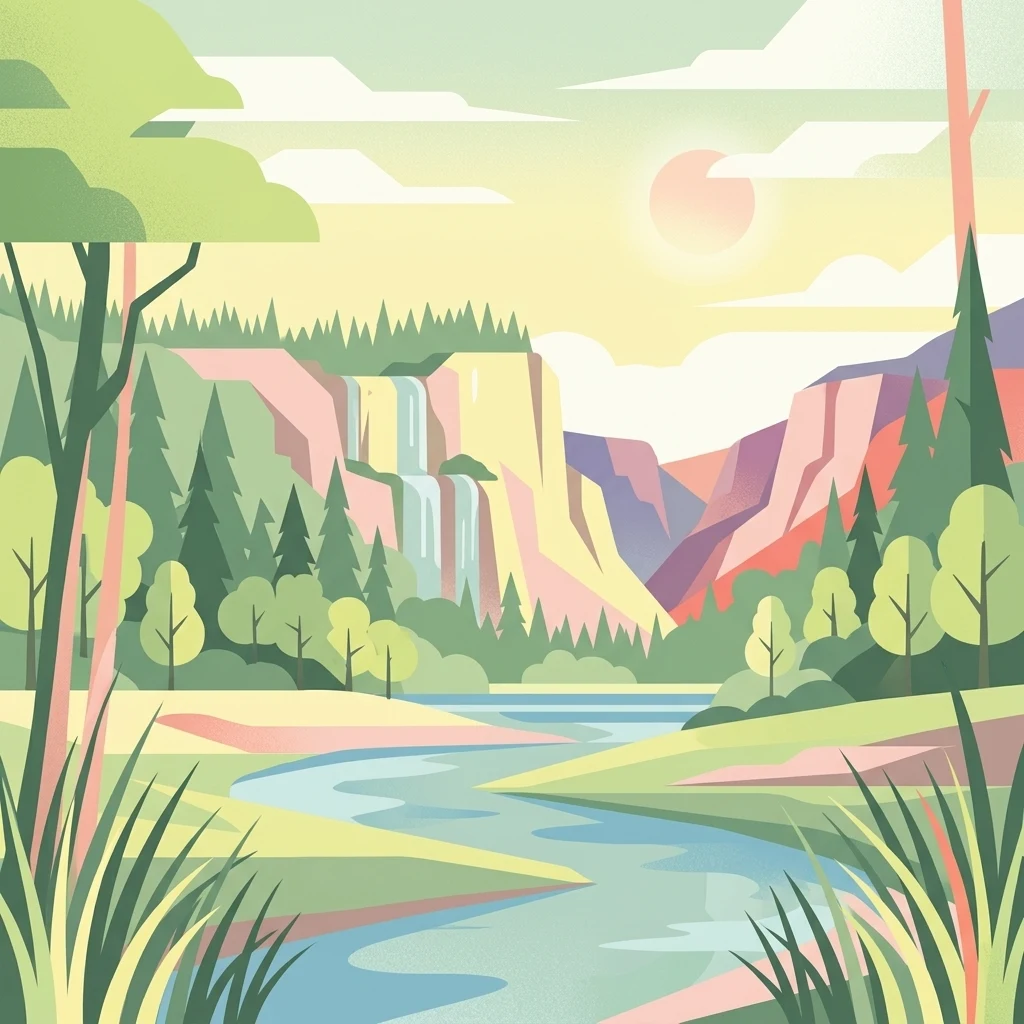 An artistic vector illustration depicting a calm river winding through a valley, surrounded by forests and steep cliffs, with a small waterfall cascading down one side under a sunlit sky.
