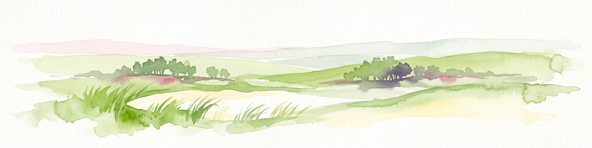 A horizontal watercolor painting depicting a soft, rolling landscape with green grassy fields, small clusters of trees, and tall grasses in the foreground.