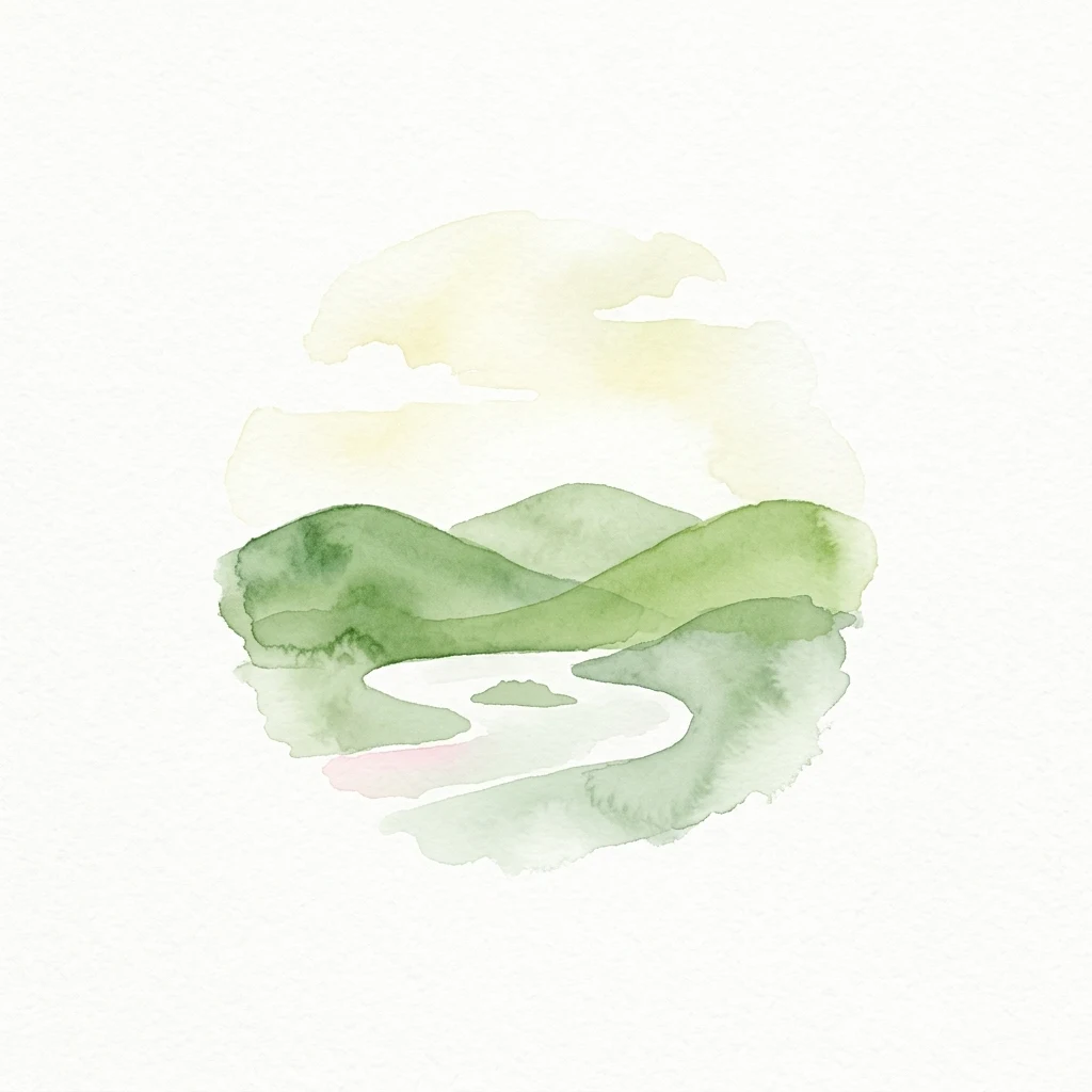 Watercolor illustration of rolling green hills, a winding river, and a pale sky
