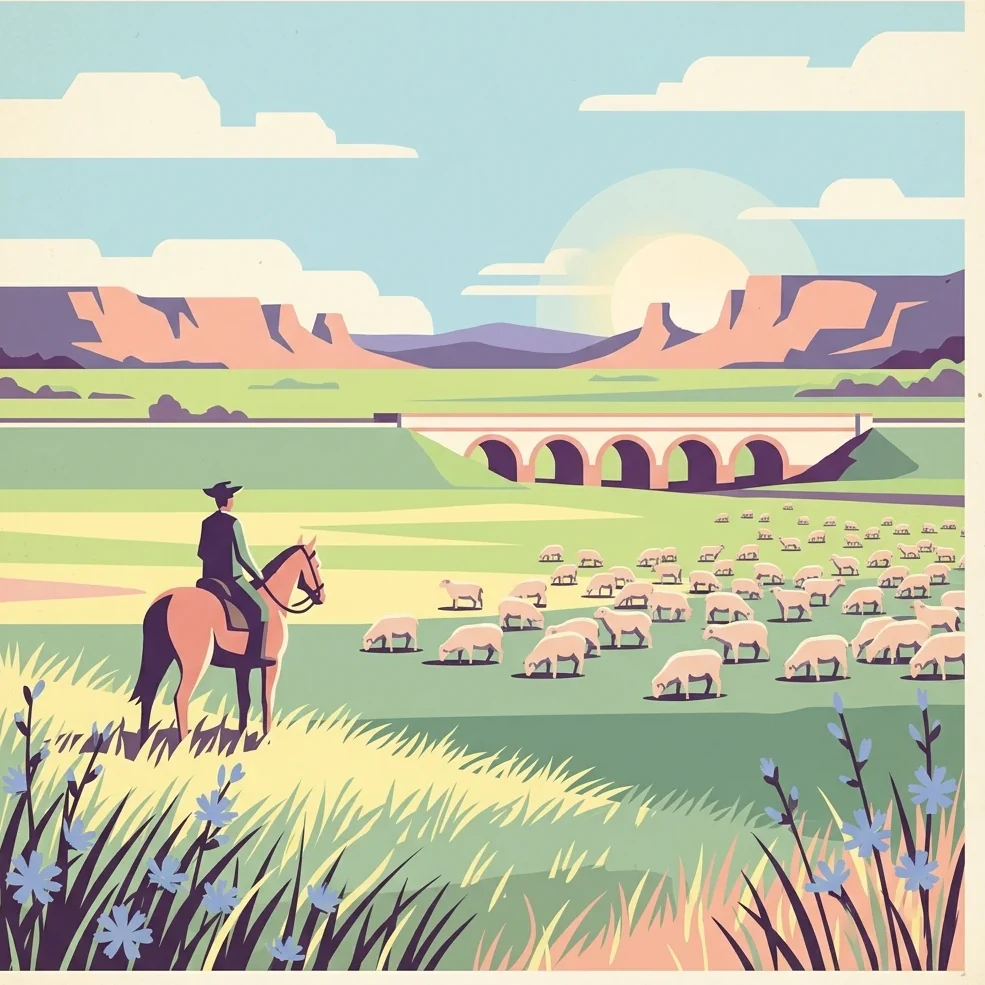 Ilustración estilizada de una persona montando a caballo en un campo verde con ovejas pastando, un puente de piedra al fondo, montañas bajo un cielo parcialmente nublado y flores azules en primer plano